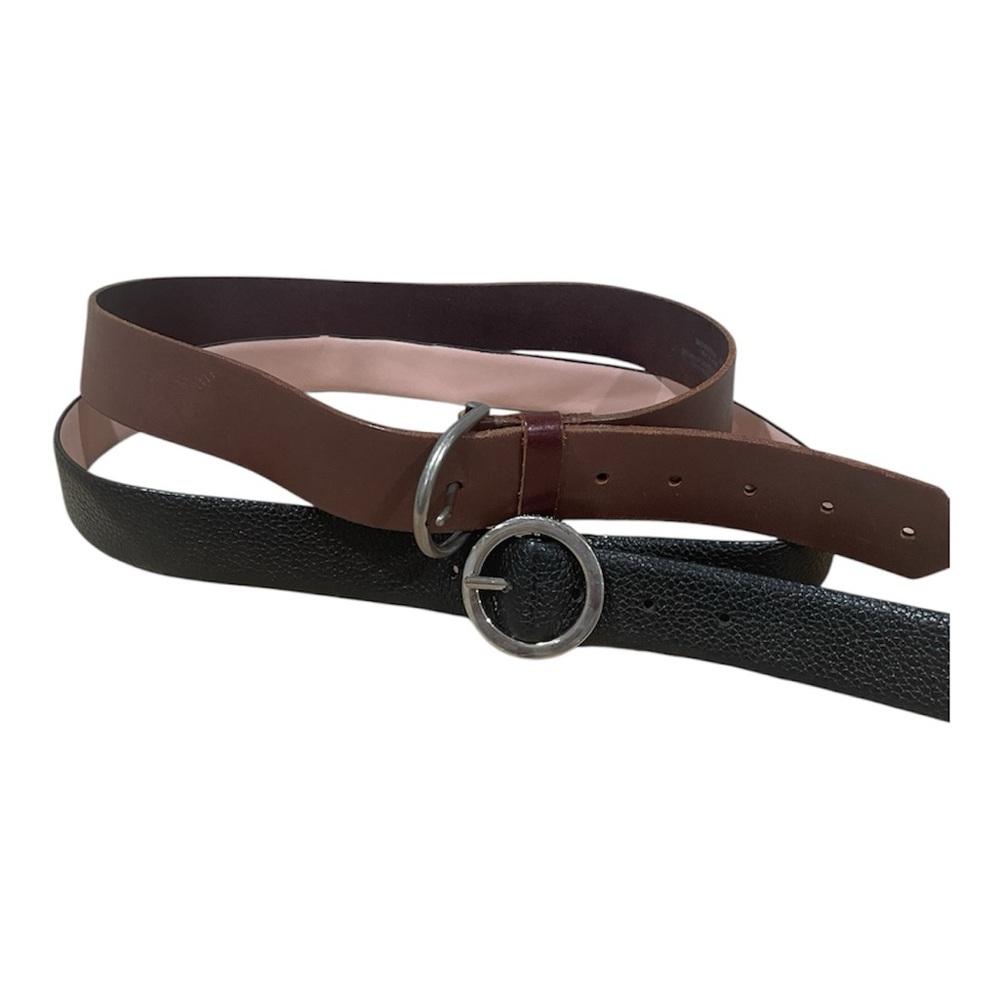 Women’s Brown and Black Leather Belt with Silver Buckle
